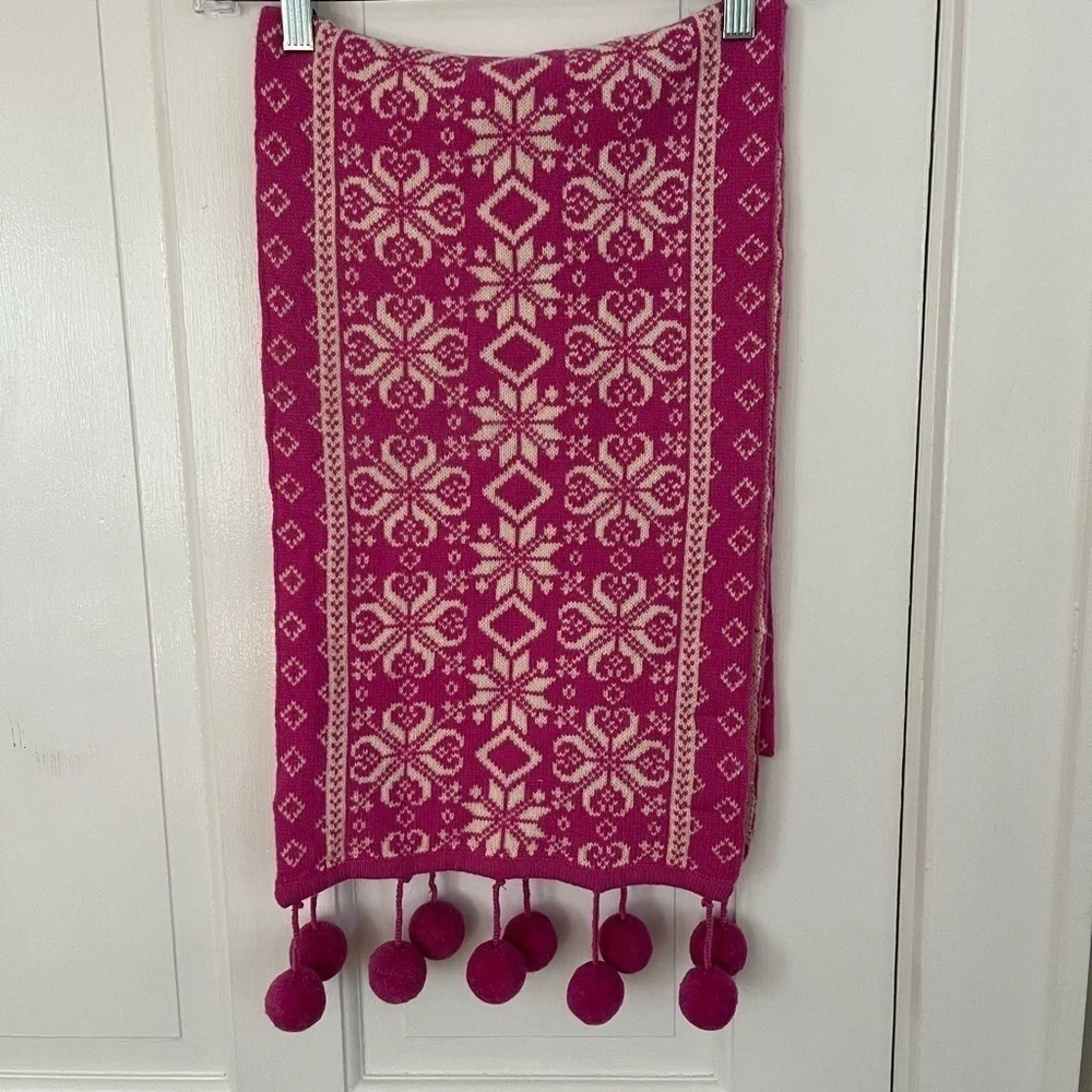 Bloomingdales Cashmere Wool Nordic Alpine Pom Poms Scarf Hot Pink Ivory Soft New